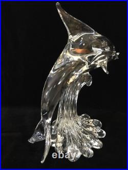 Vintage Large Fauttes L. Crystal Dolphin Figurine, Signed, 12 7/8 T x 13 1/2 W
