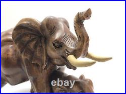 Vintage Large Teak Wood Elephant with Baby Statue Hand Carved, 15 Thailand