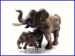 Vintage Large Teak Wood Elephant with Baby Statue Hand Carved, 15 Thailand