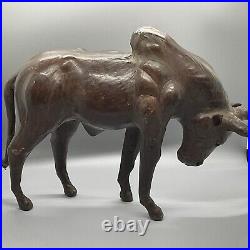 Vintage Leather Wrapped Bull Sculpture Glass Eyes Figurine Rare