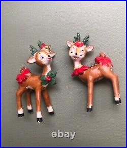 Vintage Lefton Christmas Holly Berry Winking Reindeer Figurine Set