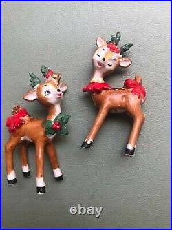 Vintage Lefton Christmas Holly Berry Winking Reindeer Figurine Set