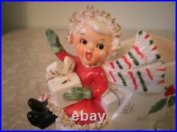 Vintage Napco Christmas Sleigh Girl With Gingerbread Nice Shape Red Dress & Toys