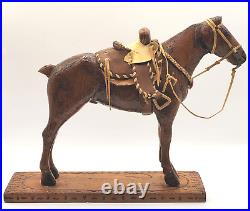 Vintage OOAK Hand Carved Wooden Horse Leather Saddle Western Theme Mounted