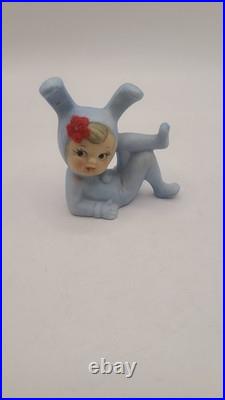 Vintage Rare Pixie Bunny Rabbit Figurine Original Felt Flowers Japan Blue