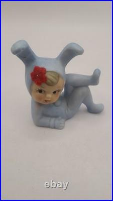 Vintage Rare Pixie Bunny Rabbit Figurine Original Felt Flowers Japan Blue