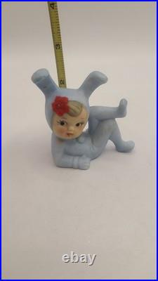 Vintage Rare Pixie Bunny Rabbit Figurine Original Felt Flowers Japan Blue