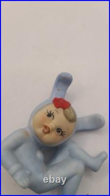 Vintage Rare Pixie Bunny Rabbit Figurine Original Felt Flowers Japan Blue