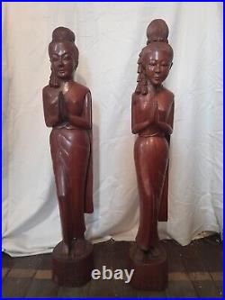 Vintage Sawasdee Welcome Statues Teak Wood Carved Thai Figure