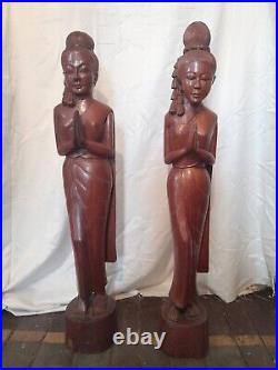 Vintage Sawasdee Welcome Statues Teak Wood Carved Thai Figure