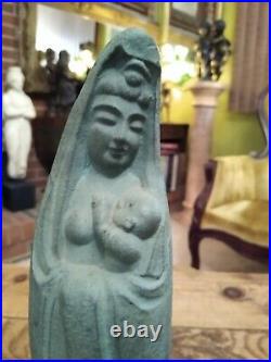 Vintage Signed 11.5 Metal Asian Mother And Child Figurine