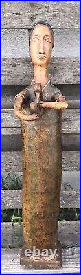 Vintage Unique Angel Playing Harp Pottery Figurine. Red Clay. Heavy