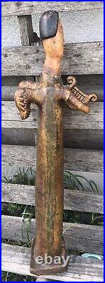Vintage Unique Angel Playing Harp Pottery Figurine. Red Clay. Heavy