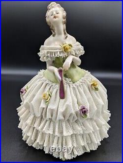 Vintage Volkstedt Germany Dresden Porcelain Lace Figurine Lady With The Fan 7
