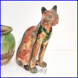 Vintage cat statue French glazed ceramic Sandstone Pottery figurine 9.89 in