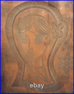 Vintage hand carved wood wall hanging plaque girl