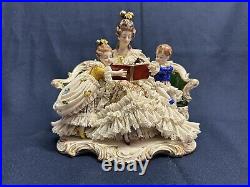 Volkstedt Dresden Porcelain Lace Group Figure Mother Reading Book