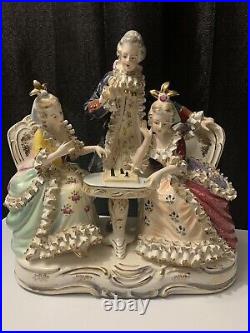 Vtg Dresden Bone China Lace Figurine Playing Chess