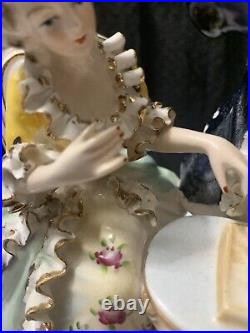 Vtg Dresden Bone China Lace Figurine Playing Chess