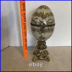 Vtg Hinged Porcelain Egg Cherubs Gold Bronze Duck Base 14¼ Tall 6 Diameter