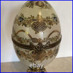 Vtg Hinged Porcelain Egg Cherubs Gold Bronze Duck Base 14¼ Tall 6 Diameter