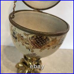 Vtg Hinged Porcelain Egg Cherubs Gold Bronze Duck Base 14¼ Tall 6 Diameter
