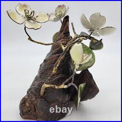 Vtg Signed Norman Brumm Enameled Dogwood Flower Sculpture on Drift Burlwood 6