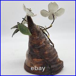 Vtg Signed Norman Brumm Enameled Dogwood Flower Sculpture on Drift Burlwood 6