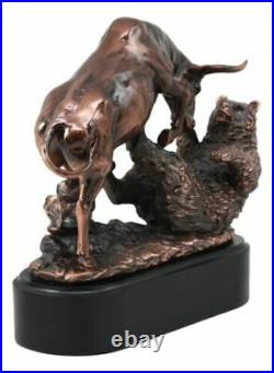 Wall Street Stock Market Charging Bull Trouncing Bear Statue With Pedestal Base