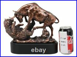 Wall Street Stock Market Charging Bull Trouncing Bear Statue With Pedestal Base
