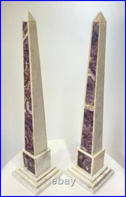 White Marble With Amethyst Stone Obelisk Pair For Living & Office Interior Decor White Marble With Amethyst Stone Obelisk Pair For Living & Office Interior Decor