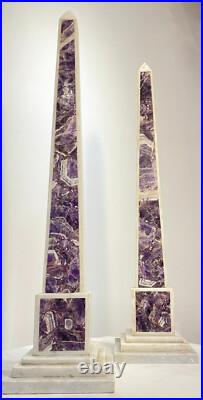 White Marble With Amethyst Stone Obelisk Pair For Living & Office Interior Decor White Marble With Amethyst Stone Obelisk Pair For Living & Office Interior Decor