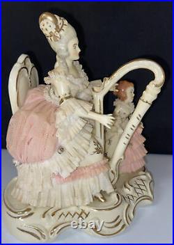 Wilhelm Rittirsch Dresden Art Lace Hand Painted Victorian Woman with Harp & Girl