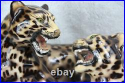XL Italian mid century 1960 ronzan porcelain Panther leopard Group statue