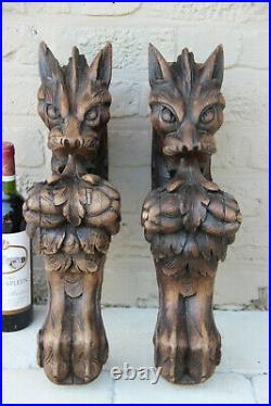 XXL Antique PAIR oak wood carved hunting table dragon gothic legs figurines n1